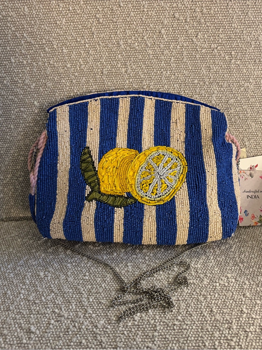 Blue & White Striped Beaded Lemon Crossbody Bag
